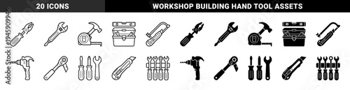 Hybrid construction tools icon set featuring merged designs like screwdriver wrench and hammer tape measure in outline and solid styles