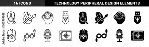 Hybrid Computer Peripheral Icons Featuring Gaming Mouse with Magnifying Glass Arrow and Directional Pad Plus Microphone with Speech Bubble and GPS Tablet