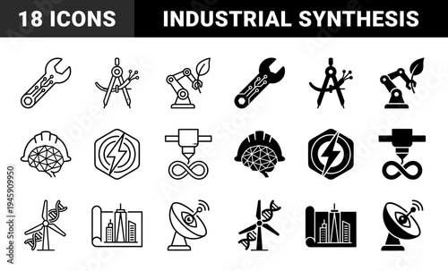 Black and white hybrid engineering icons merging industrial tools with biological dna and renewable energy symbols for sustainable technology design