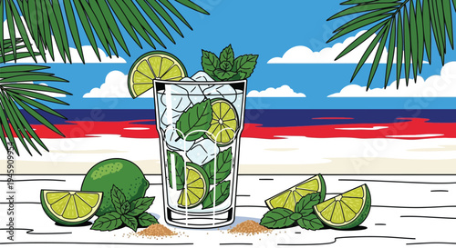 Refreshing mojito cocktail with lime and mint on a tropical beach