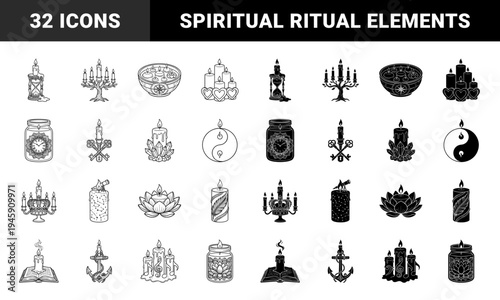 Mystical candle hybrid icons featuring celestial astrology symbols sacred geometry occult ritual elements and esoteric spiritual designs in dual black and white styles