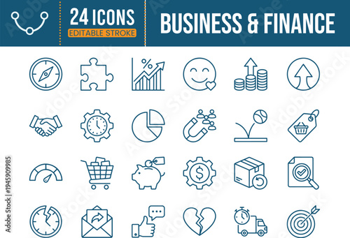 Business and Finance Icons Set with 24 Outline Vector Symbols for Investment, Banking and Economic Growth Concepts