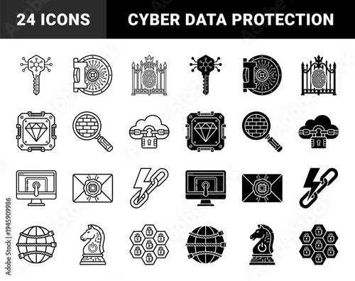 Hybrid Cyber Security and Data Protection Icons Featuring Biometric Gates Trojan Horse Chess Pieces Encrypted Cloud and Circuit Key Designs