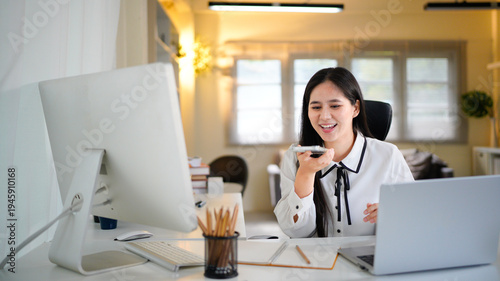 фотографія woman recording audio message, businesswoman using online communication app on p