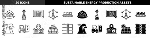 Industrial Smart Infrastructure Icons Featuring Hybrid Symbols for Green Energy Manufacturing Logistics and Automated Heavy Machinery Systems