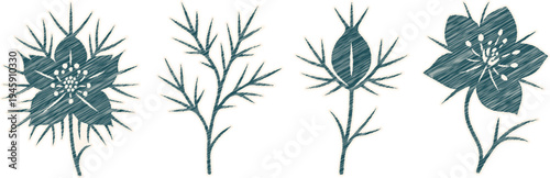 Elegant Nigella Flower Embroidery Sketches for Artisan Gift Box Decor