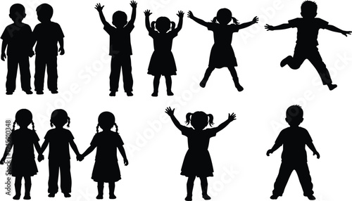 Children silhouette collection, playful figure outline, childhood posture design, activity icon illustration, diverse kids motif, youth interaction art
