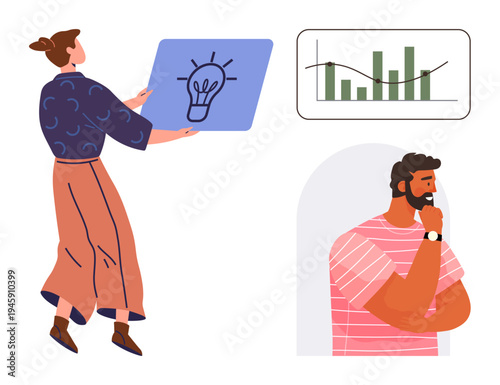 Conceptual include business planning, idea development, teamwork, creative problem-solving, data analysis, decision-making. Woman presenting a light bulb symbol with a man contemplating and analyzing