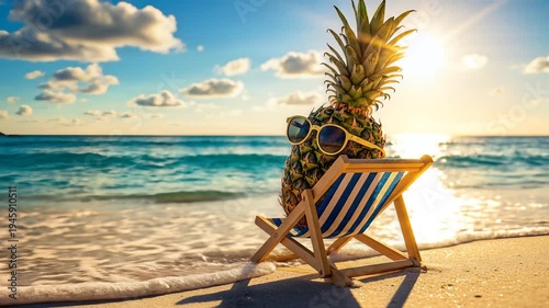 Pineapple relaxing on beach in sunny day with sunglasses vacation concept