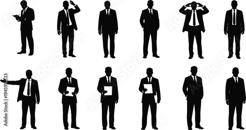 Collection of Businessman Silhouettes in Formal Suit Showing Different Corporate Poses for Presentation, Leadership, Office Communication, Professional Team Concept, Isolated Vector Style Illustration