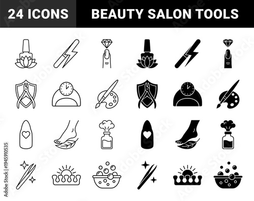 Professional Manicure and Pedicure Icon Set Featuring Hybrid Symbols Merging Beauty Tools with Lotus Flowers Diamonds and Nature Elements