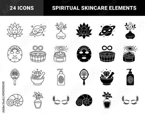 Luxury Wellness and Mystical Skincare Line Icons Featuring Hybrid Symbols of Lotus Faces Celestial Planets Facial Masks and Botanical Alchemist Mortars