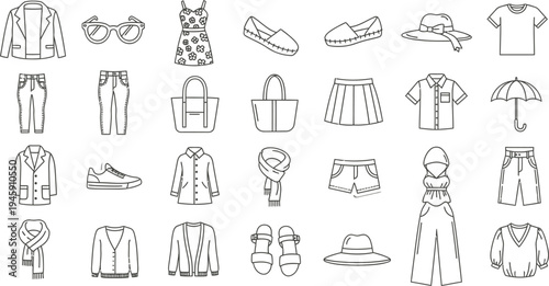Collection of fashionable clothing and accessory line art stickers representing various seasonal wear items for women