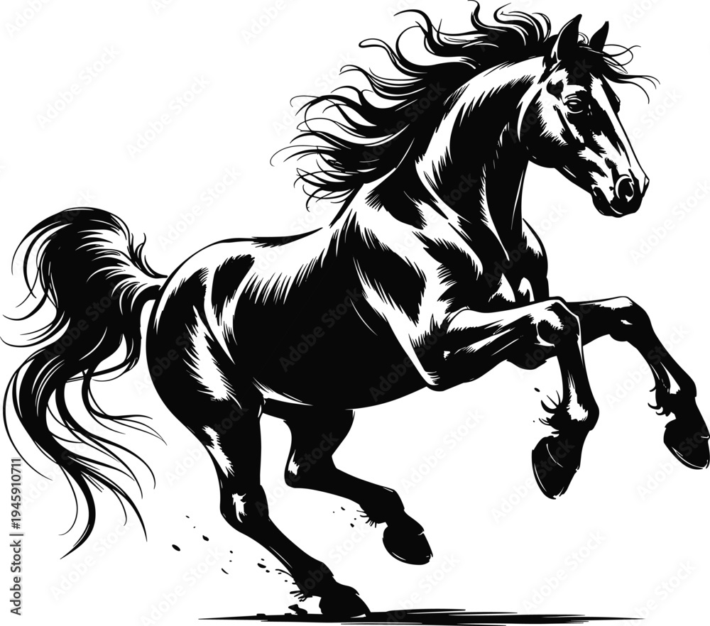 Obraz premium Dynamic Black and White Galloping Horse Vector Illustration Silhouette with Flowing Mane and Tail Isolated on White Background