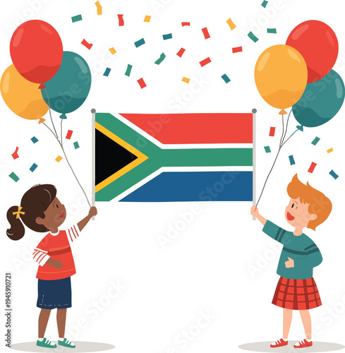 Diverse children holding South Africa flag with colorful balloons and confetti vector for national day celebration event