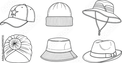 Fashion accessory collection, baseball cap, knitted beanie, sun hat, turban headwrap, bucket hat, fedora, stylish headwear, trendy outline illustration, clothing design