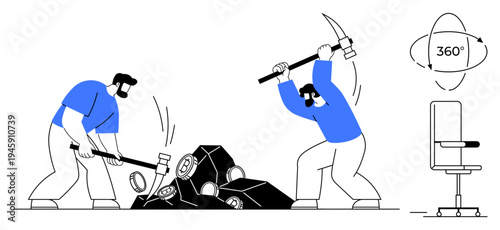 Industry, teamwork, labor, virtual reality, manual work, innovative concepts. Two workers breaking rocks with tools. Teamwork and industry with a mix of virtual reality and physical labor