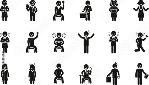 Human emotion and activity icons set with people expressing feelings work and daily life vector illustration isolated background