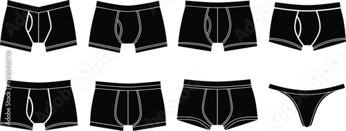 Men’s underwear collection, boxer briefs, trunks, thong, fashion apparel, clothing design, stylish male lingerie, seamless outline illustration, vector silhouette, trendy undergarment 