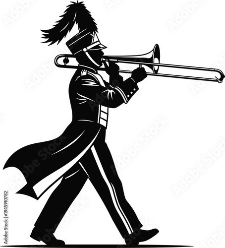 Marching band musician,parade uniform, plume hat, musical performance, stylish vector silhouette, dynamic outline illustration, festive celebration, school event, music icon set