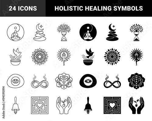 Mindfulness and Spiritual Growth Hybrid Symbols Featuring Zen Meditation Figures Yin Yang Balance Hourglass Trees and Celestial Mandala Geometry