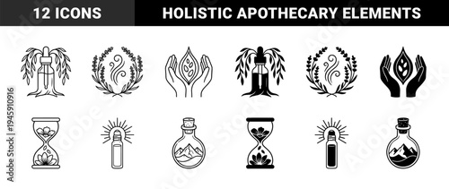 Minimalist hybrid botanical wellness symbols merging essential oil bottles with willow trees lavender wreaths hourglasses and mountain landscapes