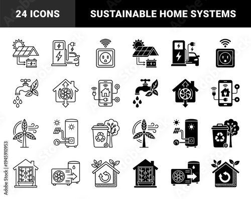 Sustainable energy and eco friendly home system icons featuring solar panels electric vehicle charging smart plug and green water conservation