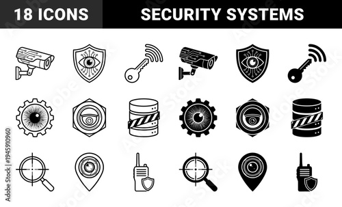 Security and Surveillance Hybrid Icons Featuring CCTV Cameras Merged with Circuitry Shielded Iris Eyes and Encrypted Data Storage Cylinders