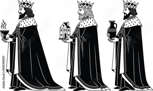 Three kings silhouette illustration, ornate robes, crown figures, whimsical gift offerings, modern nativity artwork, festive Christmas design, religious holiday vector, decorative seasonal icon set