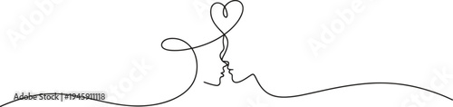 A continuous line drawing beautifully depicts a couple with a heart flowing above their heads.