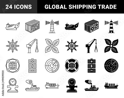 Hybrid maritime logistics and global trade icons combining shipping vessels with digital data and industrial engineering symbols in dual styles