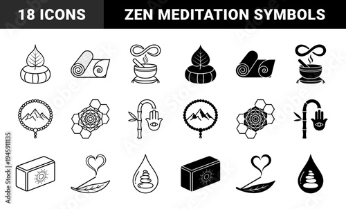 Spiritual Wellness and Zen Meditation Hybrid Icons Featuring Yoga Mats Combined with Lotus Mandalas Bamboo Hamsa Hand and Om Bell Symbols