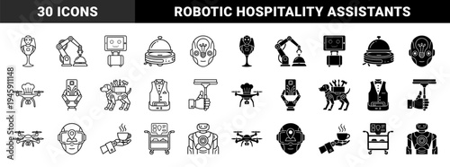 Hybrid service robot and hospitality automation icon set featuring robotic waiters bellhops chef drones and automated delivery assistants