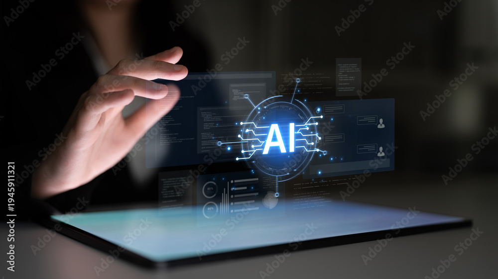 Fototapeta premium Futuristic software development concept featuring AI pair programmer, automated AI code generation, and real-time AI debugging. Ideal for DevOps and tech AI innovation. Corpus