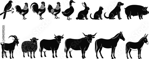 Farm animal silhouette collection, domestic creature outline, livestock figure design, barnyard icon illustration, rural motif art, countryside nature symbol