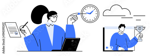 Person working on a laptop, managing tasks with a clock, holding documents, while participating in a video call showcasing success. Ideal for teamwork, productivity, time management, remote work