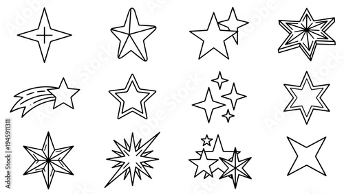 Stylized Sparkle Star Vector Icons Twinkle and Shine Isolated on PNG Background, sparkle, star, sparkle icon, star icon, twinkle, shine, twinkling star, shooting star, decorative star, vector sparkle,