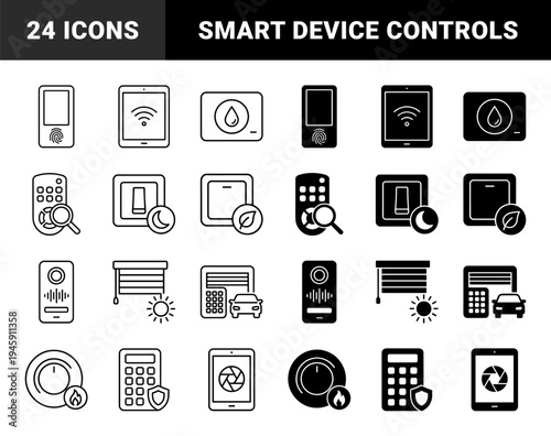 Hybrid smart home automation interface symbols combining household device controls with environmental sensors and security monitoring features in dual stroke and solid styles
