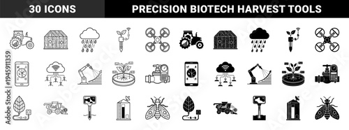 Smart Agriculture Hybrid Icon Set Featuring Digital Farming Equipment Biotech Integration and Sustainable Precision Agrotech Systems