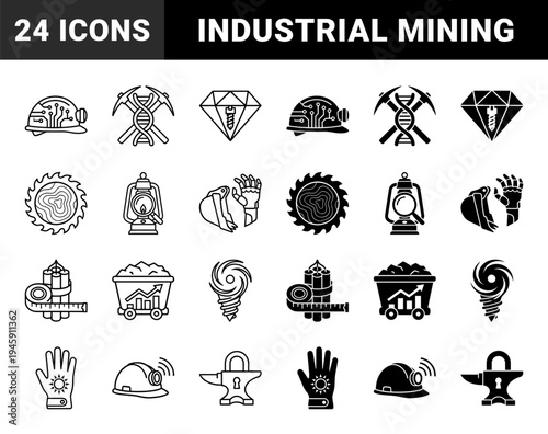 Industrial Mining and Resource Extraction Hybrid Icons Featuring DNA Pickaxe Gemstone Drill and Circuit Hard Hat Concept Symbols