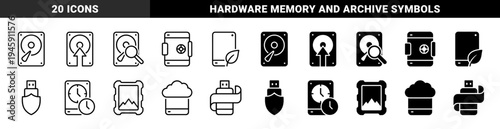 Hybrid storage and data management icon set merging hard drive hardware with security safe clock leaf and cloud symbols in outline and solid styles