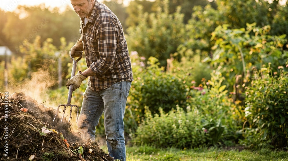 Fototapeta premium Farmer turning steaming compost pile with pitchfork in backyard garden. Man working on organic soil enrichment. Sustainable agriculture, soil fertility improvement and eco lifestyle concept.