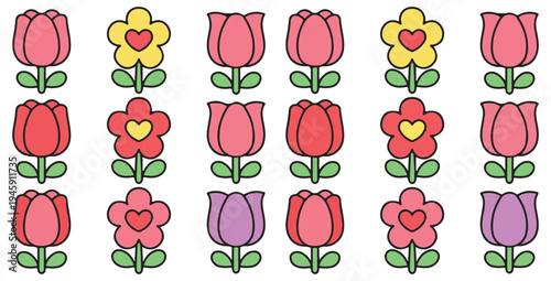 A delightful collection of stylized cartoon flowers featuring various colorful tulips and heart center daisies arranged in neat rows perfect for spring designs