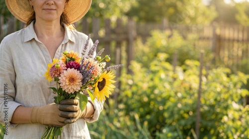 Woman wearing straw hat holds bouquet of dahlia and sunflower in garden field. Farmer gathering fresh summer flowers. Horticulture, organic hobby and floriculture concept at sunset.