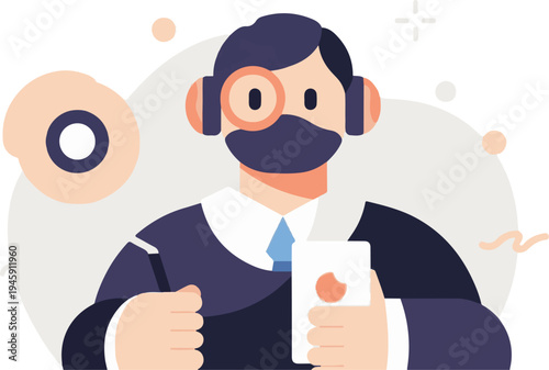 Digital illustration of a person in a suit wearing headphones and holding a phone