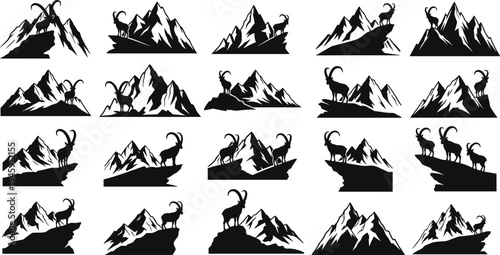 Mountain goat silhouette collection, wildlife landscape outline, rocky terrain figure design, alpine nature motif illustration, rugged habitat icon art