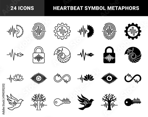 Hybrid heartbeat pulse line merged with diverse conceptual symbols including tree lotus bird eye infinity key bolt and gear in line and solid style