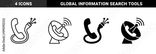 Hybrid communication icons merging telephone handset with fiber optic cable satellite dish receiver and mobile smartphone with magnifying glass globe
