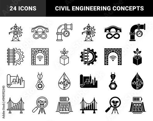 Hybrid Civil Engineering and Sustainable Infrastructure Icons Featuring Smart Power Grid Bridge Infinity Symbol and Industrial Pipeline Monitoring
