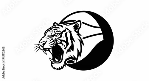 Fierce tiger head roaring, depicted in a black and white graphic style